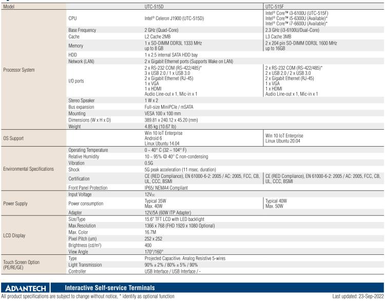 研華UTC-515F 15.6" 多功能觸控一體機(jī)，內(nèi)置Intel? Skylake Core? i3-6100U處理器