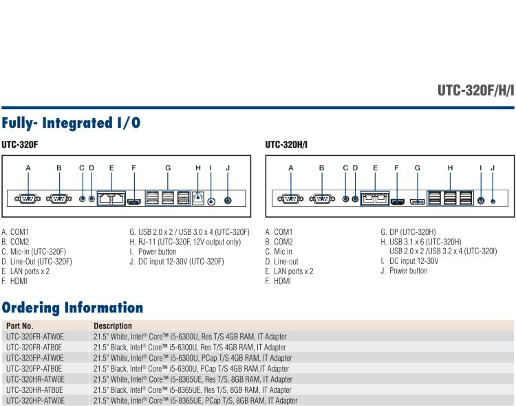 研華UTC-320F 21.5" 多功能觸控一體機(jī) ,內(nèi)置 Intel? Core? i5-6300U/Core? i3-6100U