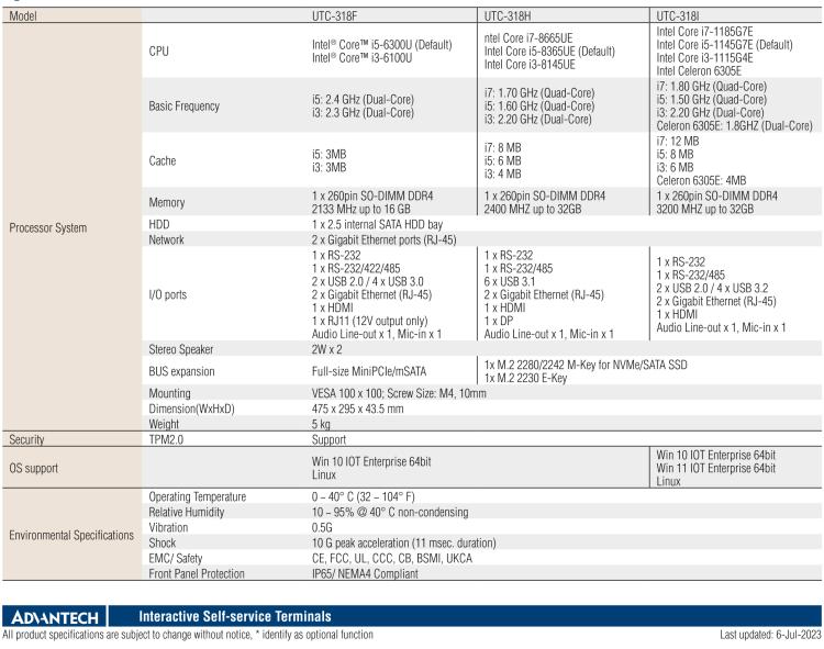 研華UTC-318F 18.5" 多功能觸控一體機(jī) ,內(nèi)置 Intel? Core? i5-6300U/Core? i3-6100U