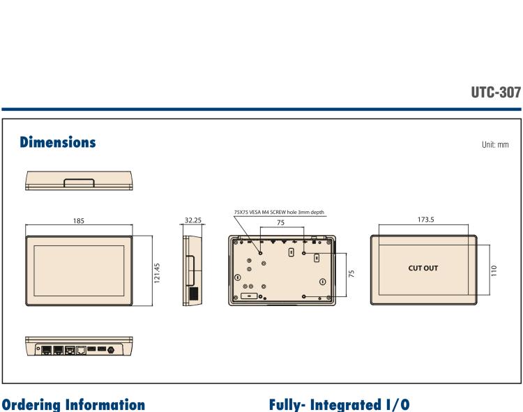 研華UTC-307G 7" 多功能觸控一體機，Intel? Celeron? N3350/Pentium? N4200 處理器