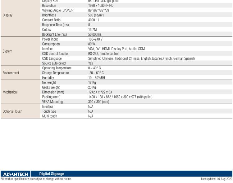 研華DSD-7055 55" 全高清廣告牌顯示器，500尼特亮度，帶SDM插槽