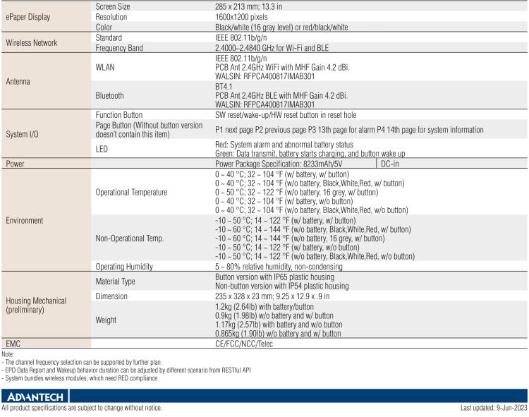 研華EPD-660 13.3"電子紙解決方案，Wi-Fi，用于醫(yī)院床邊卡和智能建筑標(biāo)牌。