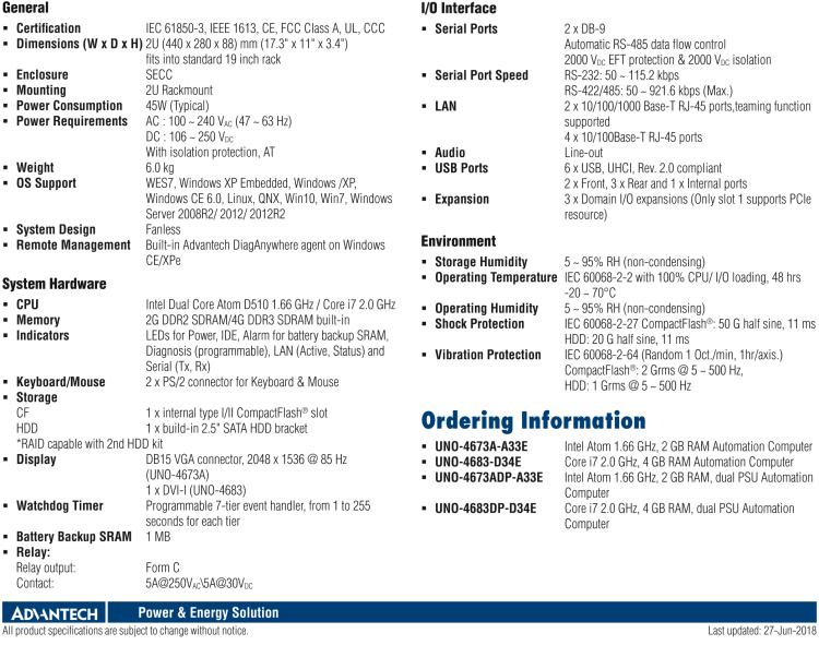 研華UNO-4673A Intel? Atom ? D510 變電站專用機，帶6×LAN, 2×COM, 3×擴展槽