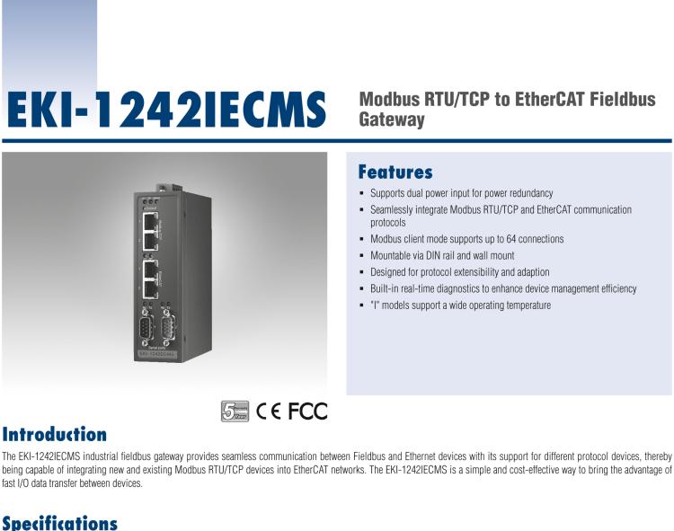 研華EKI-1242IECMS Modbus RTU/TCP to EtherCAT Fieldbus Gateway, Wide Temperature