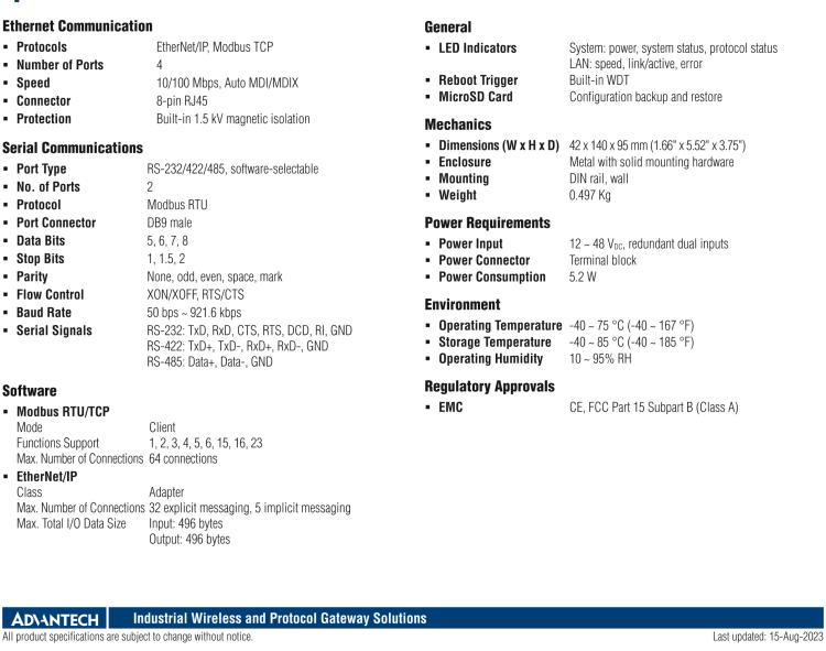 研華EKI-1242IEIMS Modbus RTU/TCP to EtherNet/IP Protocol Gateway, Wide Temperature