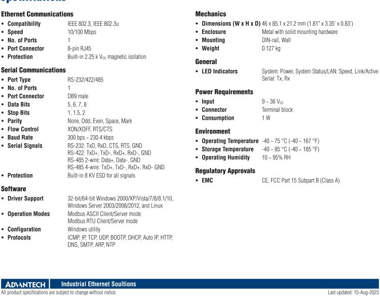 研華EKI-1211 單口RS-232/422/485 Modbus網(wǎng)關