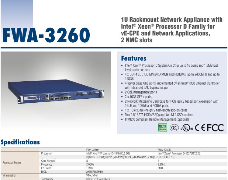 研華FWA-3260 基于Intel? Broadwell XeonTM D-1500系列處理器 1U機架式網(wǎng)絡應用平臺