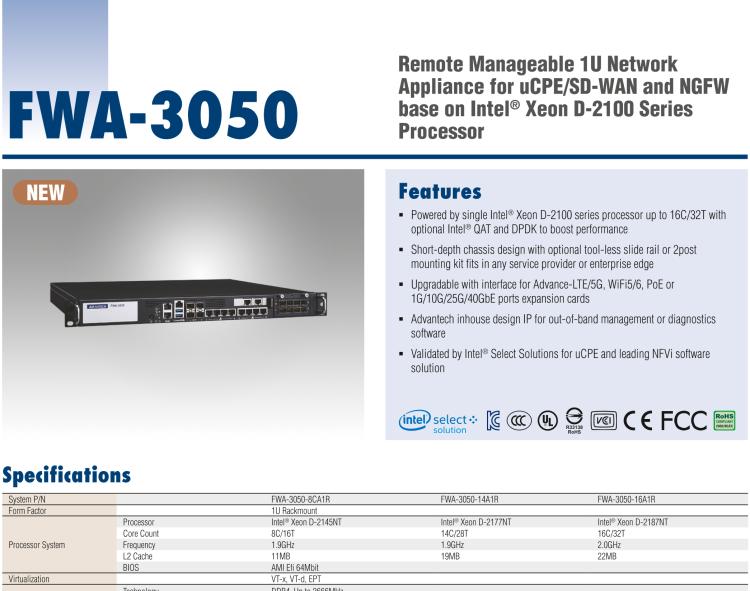 研華FWA-3050 基于Intel?Xeon D-2100系列處理器，用于uCPE和下一代防火墻的遠程可管理1U網絡應用平臺