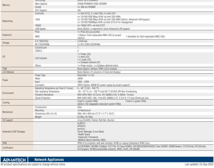 研華FWA-3050 基于Intel?Xeon D-2100系列處理器，用于uCPE和下一代防火墻的遠程可管理1U網絡應用平臺