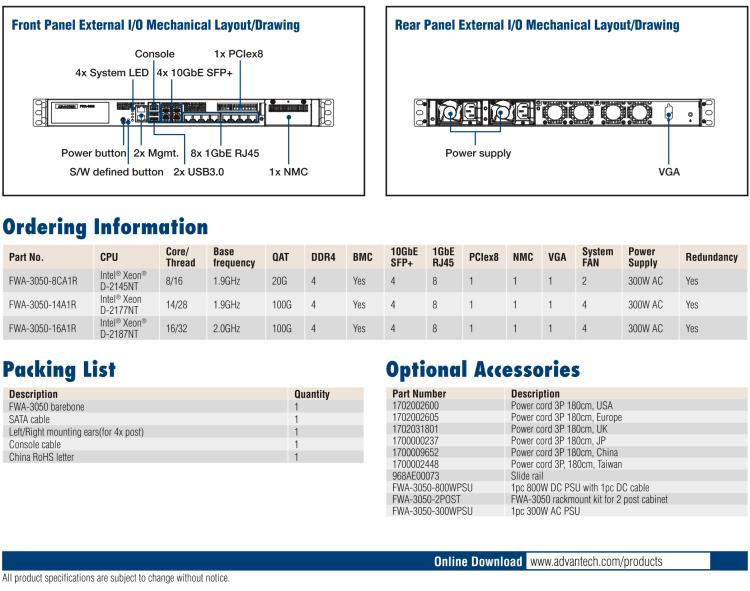 研華FWA-3050 基于Intel?Xeon D-2100系列處理器，用于uCPE和下一代防火墻的遠程可管理1U網絡應用平臺