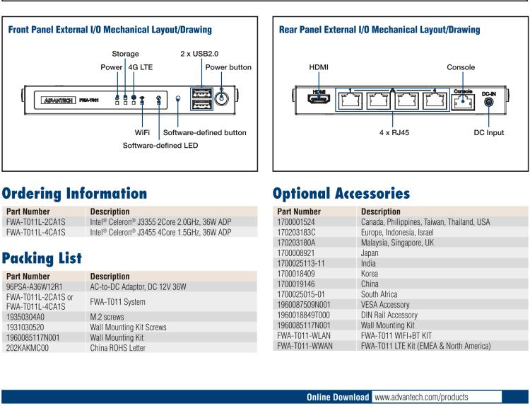 研華FWA-T011 基于Intel? Celeron? N3350/J3455 入門級SD-WAN，安全網(wǎng)關(guān)微型網(wǎng)絡(luò)應(yīng)用平臺