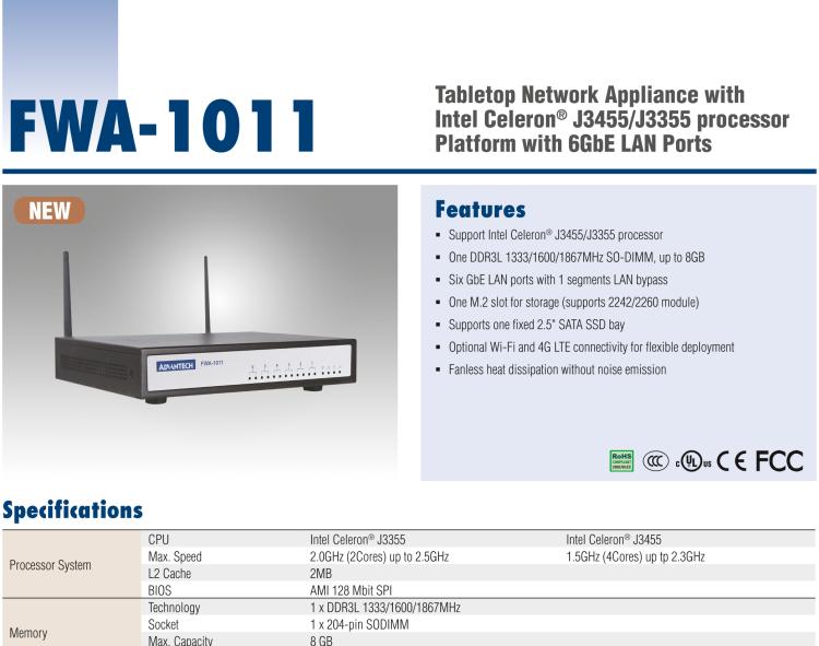 研華FWA-1011 基于Intel Celeron?J3455/J3355處理器平臺和6GbE LAN端口的桌面網絡應用平臺