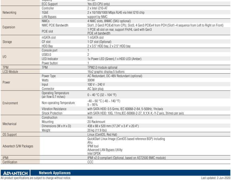 研華FWA-4130 基于第六代/第七代Intel?Xeon?E3和 Intel?core?i7 / i5 / i3系列處理器 2U機架式網絡應用平臺