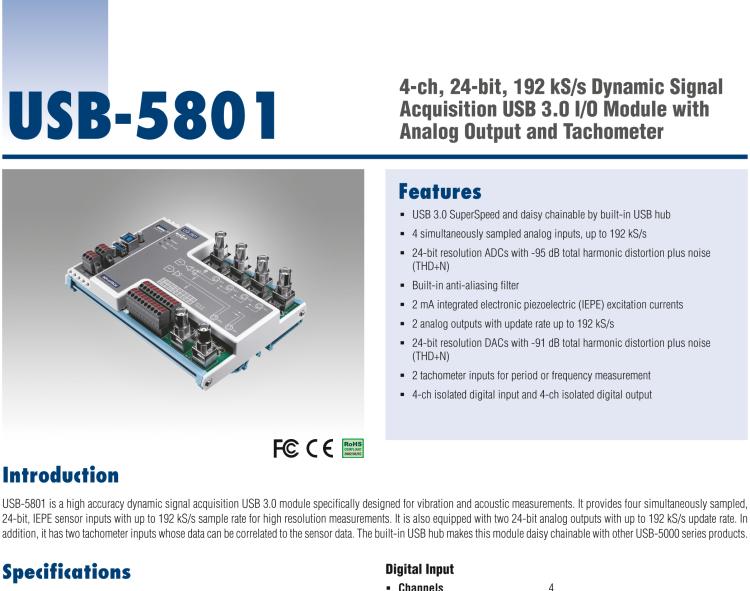 研華USB-5801 4路，24位，192 kS / s的動態(tài)信號采集USB 3.0 I / O模塊使用模擬輸出和轉(zhuǎn)速計