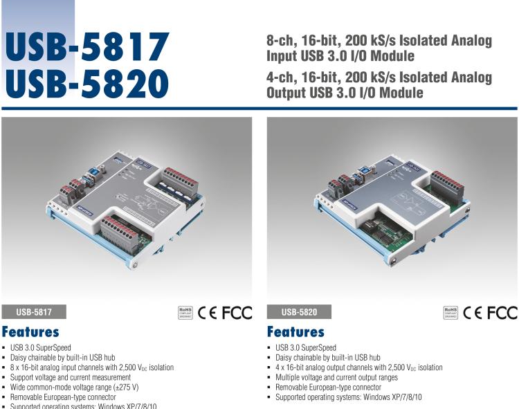 研華USB-5817 8通道，16位，200 kS / s隔離模擬輸入USB 3.0 I / O模塊