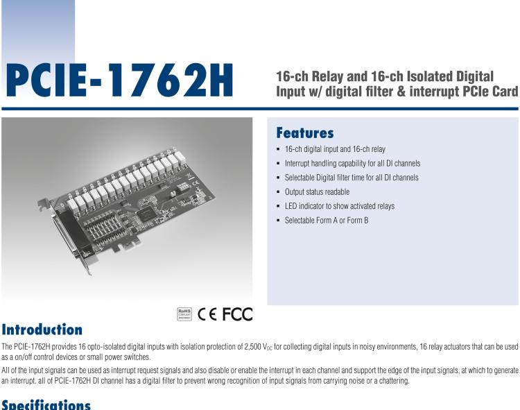 研華PCIE-1762H 16 通道繼電器和 16 通道隔離數(shù)字輸入，帶數(shù)字濾波器和中斷 PCIe 卡