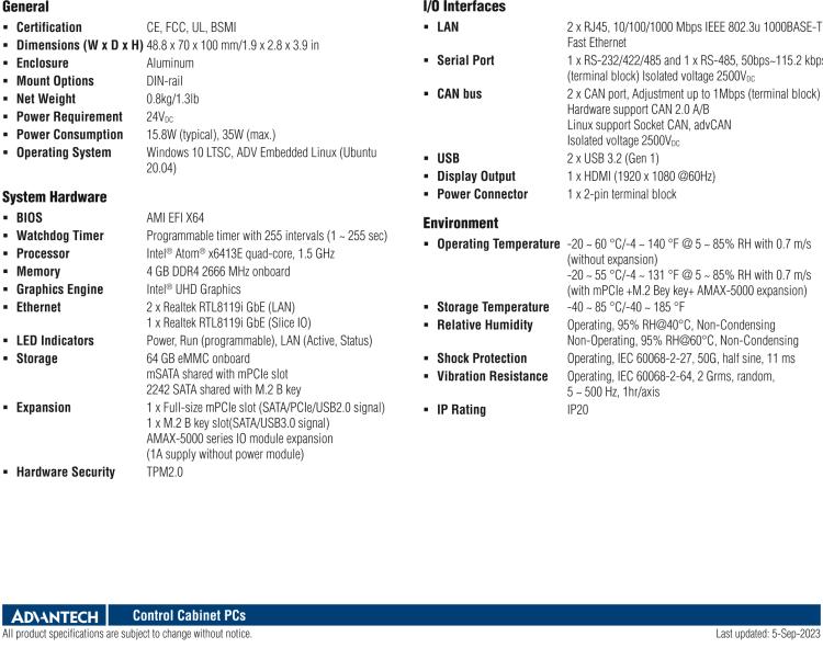 研華AMAX-5570 超微型控制平臺，采用Intel Atom處理器、64GB eMMC、2 個以太網(wǎng)口、2 個 USB、2 個 CAN、2 個 COM 和插片 IO 擴展