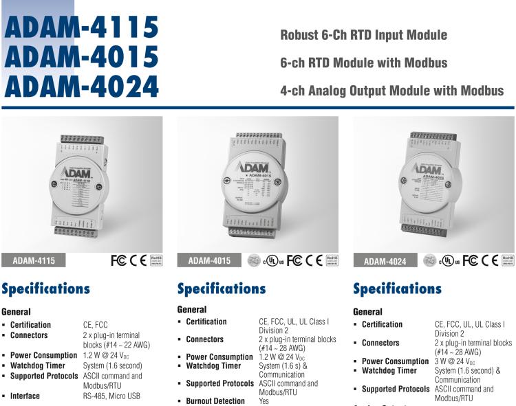 研華ADAM-4115-B ADAM-4115 6 通道 RTD 輸入模塊可接受多種 RTD 傳感器類型，包括 Pt100、Pt1000、Ni50、Ni508 和 Balco 500 系列