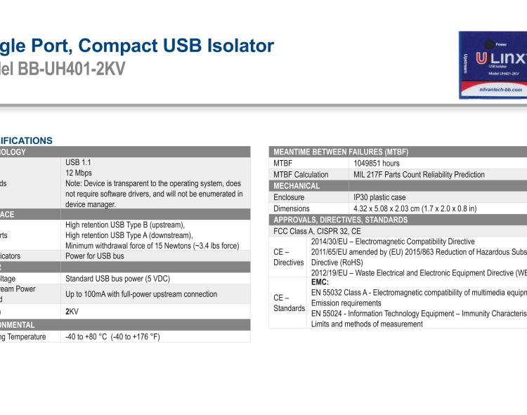 研華BB-UH401-2KV USB 2.0 2 kV隔離器，1端口，12 Mbps全速