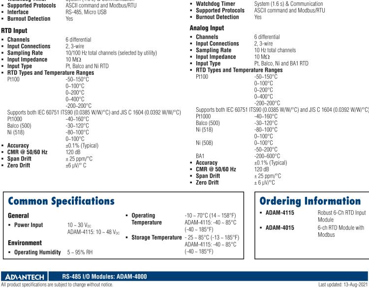 研華ADAM-4015 6通道符合Modbus協(xié)議的熱電阻模塊