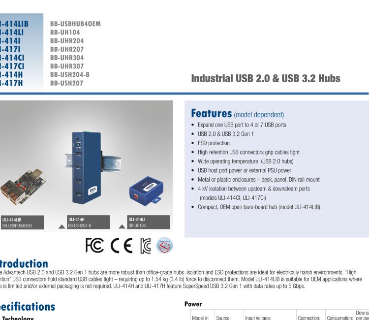 研華BB-USBHUB4OEM ULI-414LIB-工業(yè)USB 2.0集線器，4端口，高穩(wěn)固力連接器