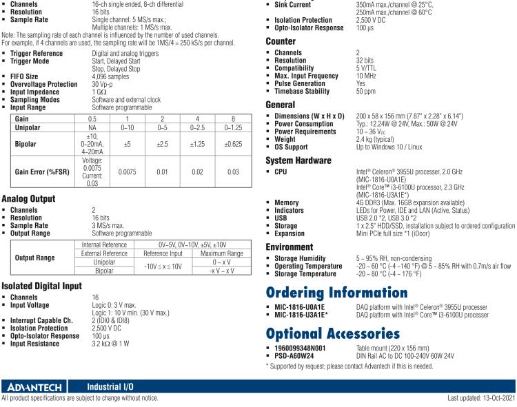 研華MIC-1816 具有Core?i3 /Celeron?處理器的16位，1 MS / s，16通道DAQ平臺(tái)