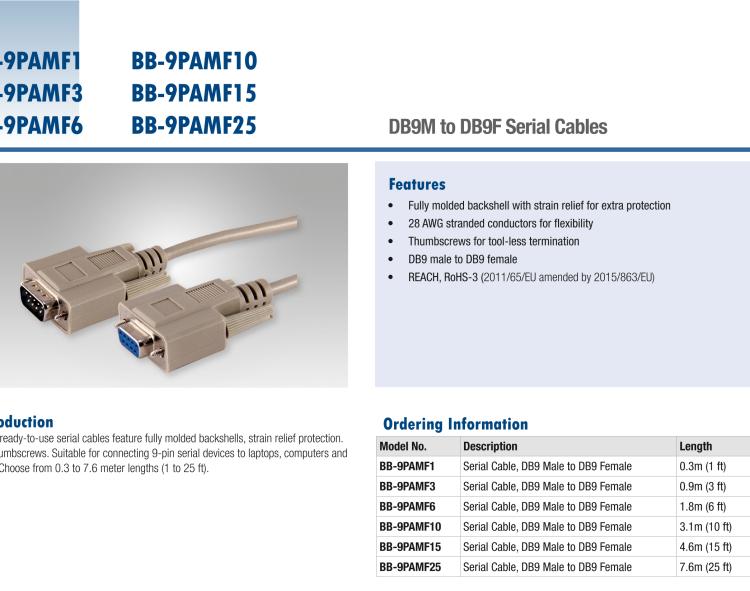 研華BB-9PAMF3 Serial Cable, RS-232 DB9 M to DB9 F, 0.9 m / 3 ft