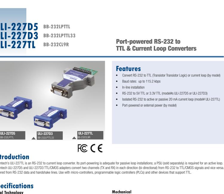 研華BB-232CL9R ULI-227TL RS-232（DB9母頭）至20 mA電流回路（接線(xiàn)端子）轉(zhuǎn)換器