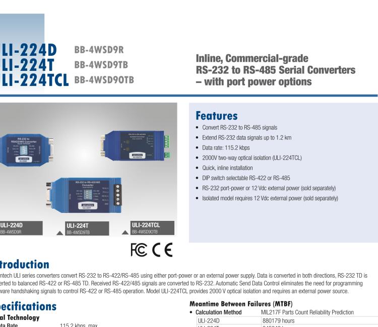 研華BB-485BAT3 ULI-224TB RS-232（DB9母頭至RS-422/485（接線端子）轉(zhuǎn)換器，電池供電