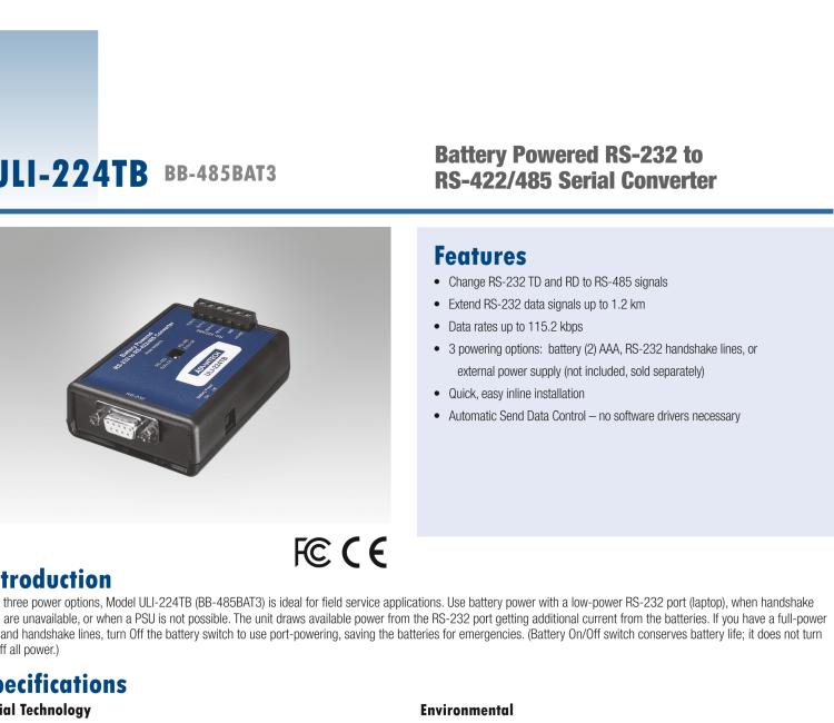 研華BB-485BAT3 ULI-224TB RS-232（DB9母頭至RS-422/485（接線端子）轉(zhuǎn)換器，電池供電