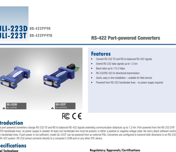 研華BB-422PP9TB ULI-223T RS-232（DB9母頭）至RS-422（接線端子）轉(zhuǎn)換器，端口供電