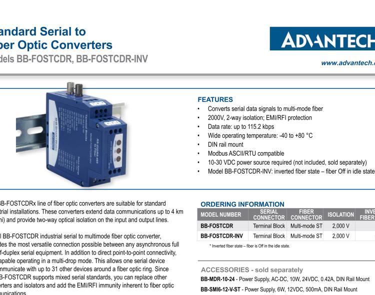 研華BB-FOSTCDR-INV 串口轉(zhuǎn)換器，RS-232/422/485 TB至MM光纖ST（反向），工業(yè)DIN