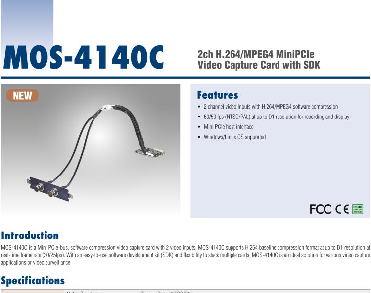 研華MOS-4140C 4-ch H.264/MPEG4 MiniPCIe Video Capture Card with SDK