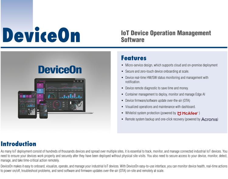 研華DeviceOn DeviceOn.DM是IoT設(shè)備管理，可遠(yuǎn)程管理連接的設(shè)備并提供集中式管理功能。